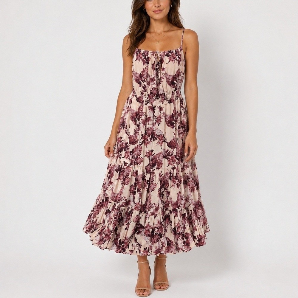 Banana Republic Gauze Maxi Dress L Violet Floral Tiered Smocked Summer